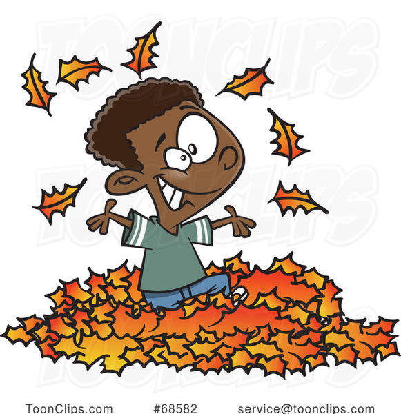 Cartoon Black Boy Playing in Autumn Leaves
