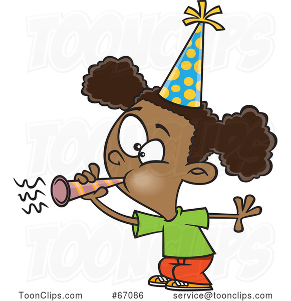 Cartoon Black Girl Blowing a Party Horn