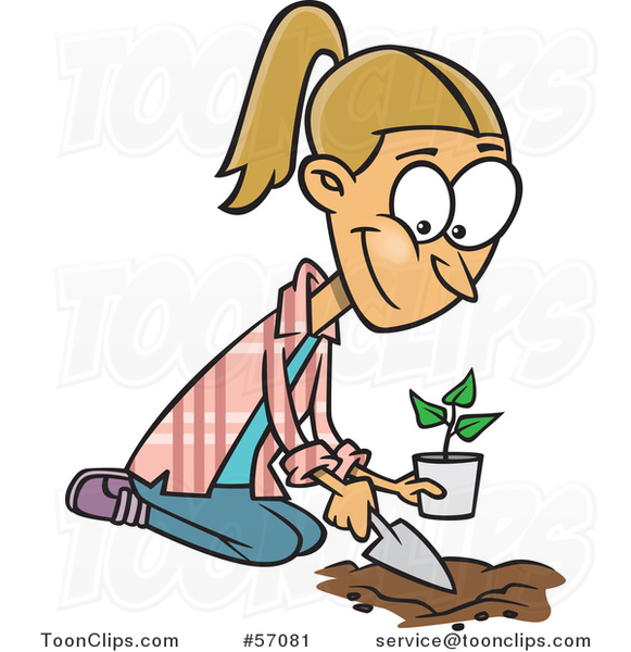Cartoon Blond White Lady Kneeling and Planting a Seedling