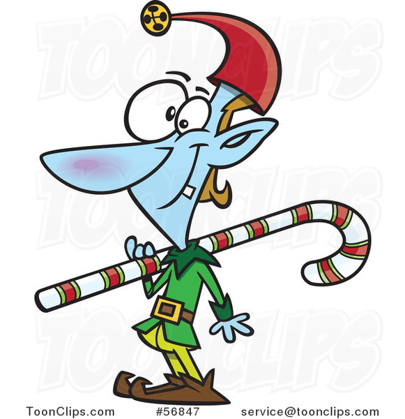 Cartoon Blue Christmas Elf Carrying a Cane over His Shoulder