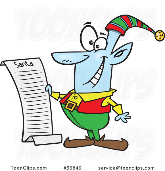 Cartoon Blue Christmas Elf Reading Santas List