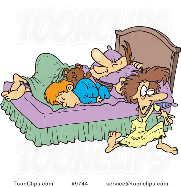Cartoon Boy and Father Kicking a Mother out of Their Bed