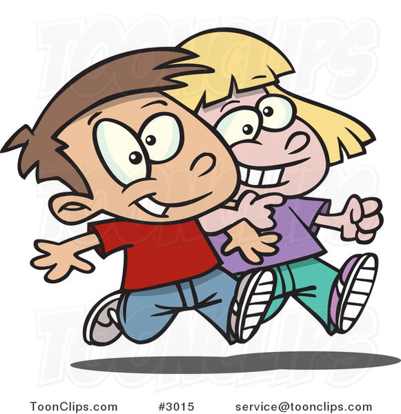 Cartoon Boy and Girl Walking Arm in Arm
