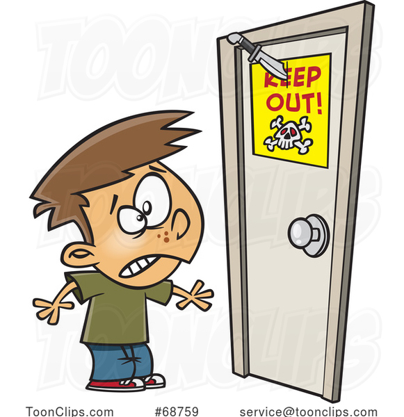 Cartoon Boy Looking at a Knife Through a Keep out Sign on a Door
