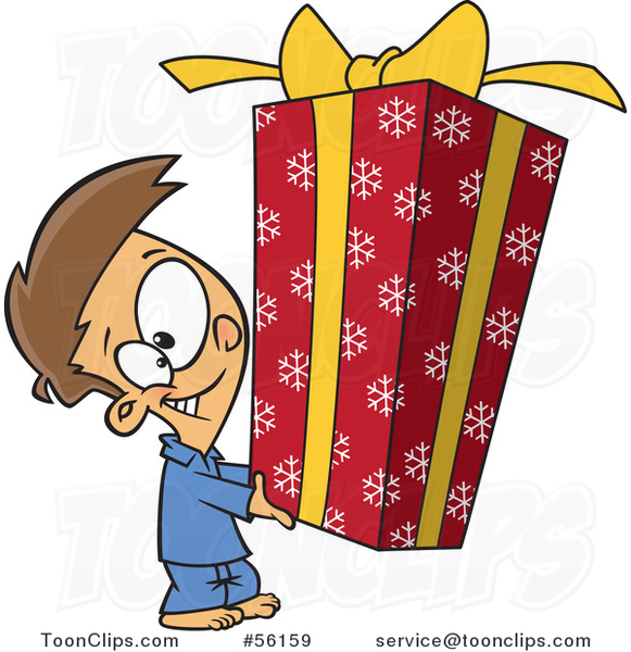 Cartoon Brunette White Boy Holding a Big Christmas Gift