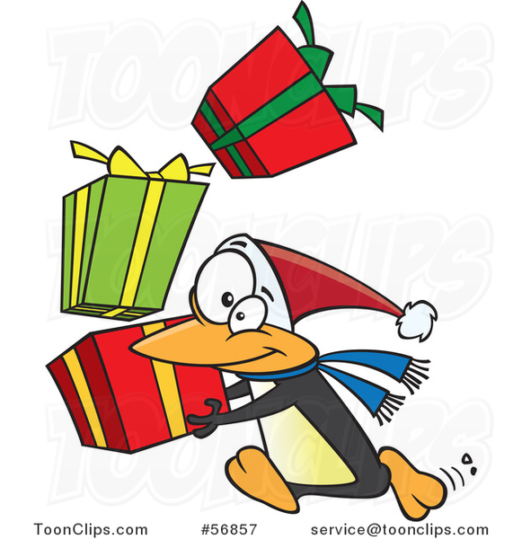 Cartoon Christmas Penguin Running with a Stack of Gifts