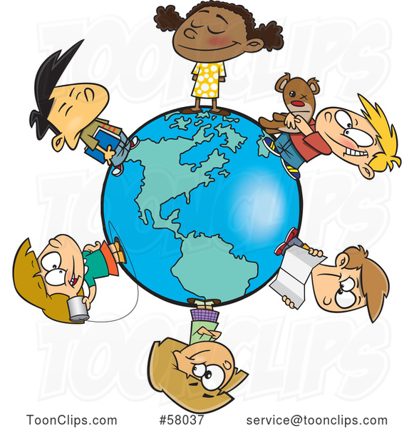 Cartoon Circle of Children on a Small World