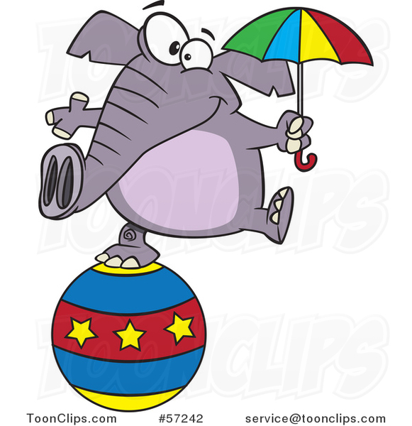 Cartoon Circus Elephant Holding an Umbrella and Balancing on a Ball