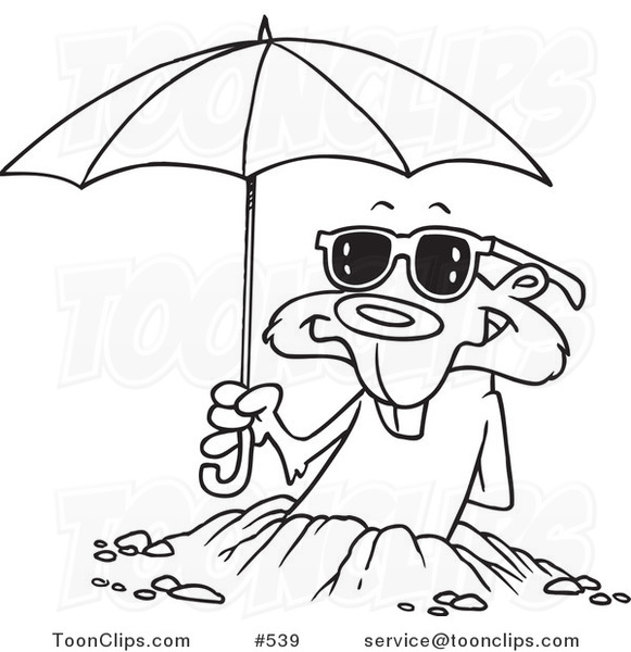 Cartoon Coloring Page Line Art of a Groundhog Emerging with Shades and an Umbrella