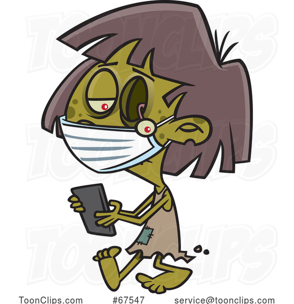 Cartoon Covid Halloween Zombie Girl Texting on a Cell Phone
