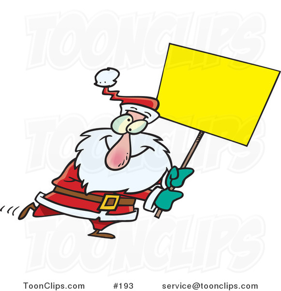 Cartoon Cross Eyed Santa Walking Around with a Blank Yellow Sign for Advertising
