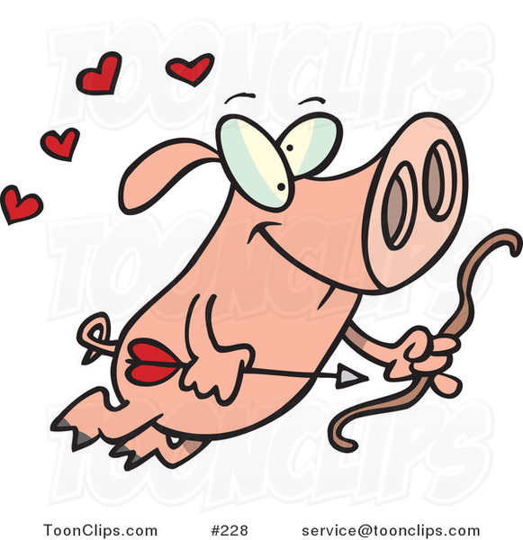 Cartoon Cute Pink Cupid Pig Flying with a Bow and Arrow, Surrounded by Red Hearts