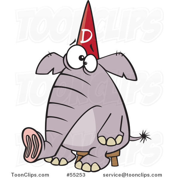 Cartoon Dumb Elephant Sitting on a Stool and Wearing a Dunce Hat