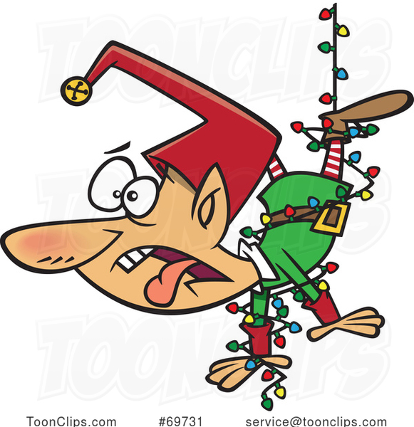Cartoon Elf Tangled in Christmas Lights