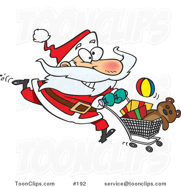 Cartoon Energetic Santa Claus Running Through a Retail Store with a Shopping Cart Full of Toys for Christmas Gifts