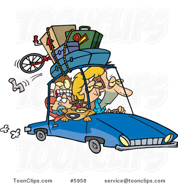 Cartoon Exhausted Family Homeward Bound from a Road Trip