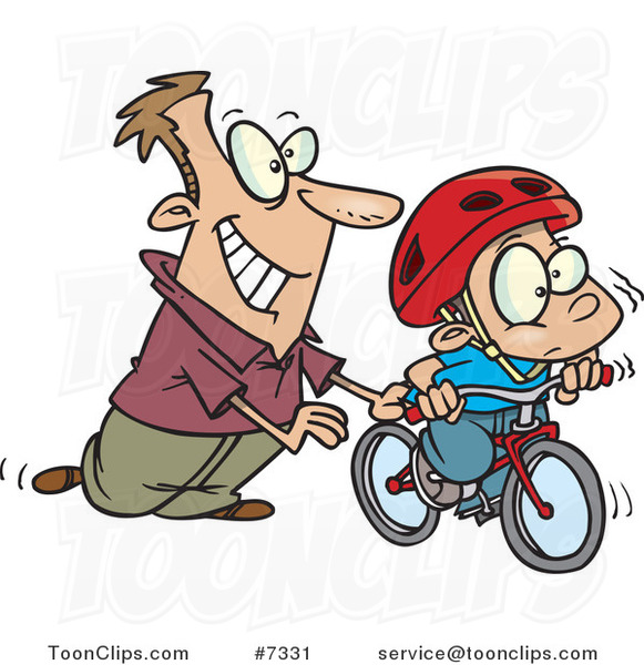 Cartoon Father Teaching His Boy to Ride a Bike