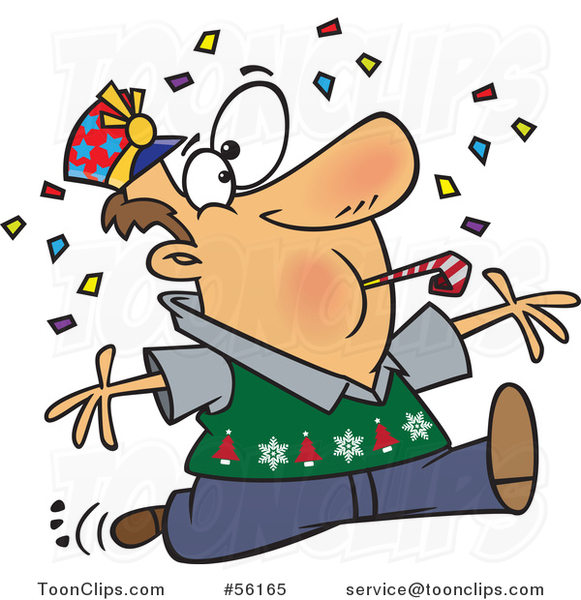 Cartoon Festive Brunette White Guy Blowing a Noise Maker and Jumping in Confetti on New Years