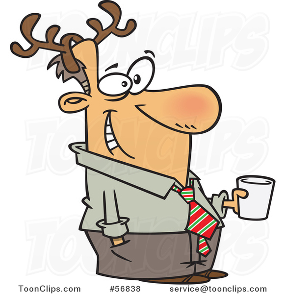 Cartoon Festive White Guy Wearing Antlers and Holding a Drink at a Christmas Party