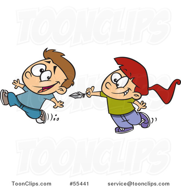Cartoon Girl Chasing a Boy to Tickle Him with a Feather