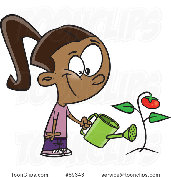 Cartoon Girl Watering a Tomato Plant