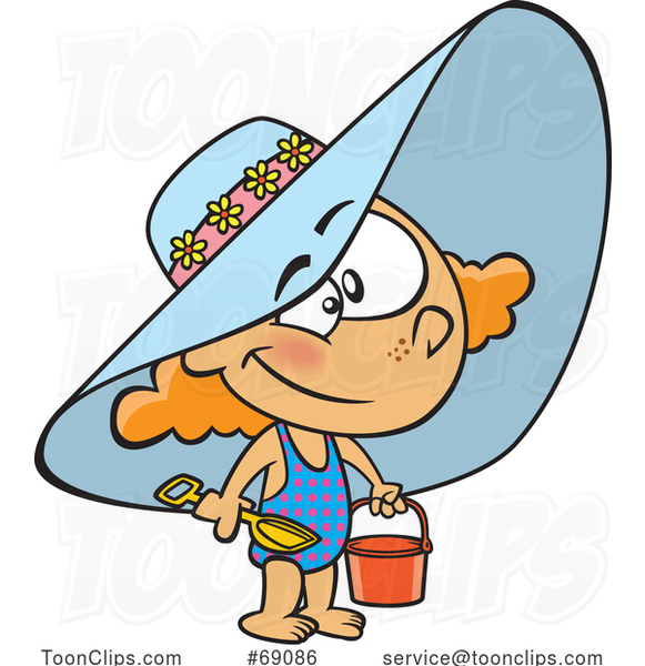 Cartoon Girl Wearing a Beach Hat and Swimsuit and Carrying a Beach Bucket