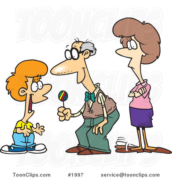 Cartoon Grandfather Giving Candy to His Grandson
