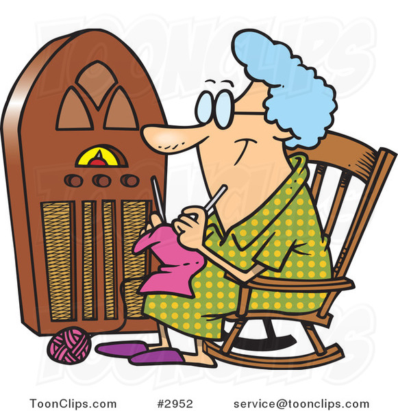 Cartoon Granny Knitting by a Radio #2952 by Ron Leishman