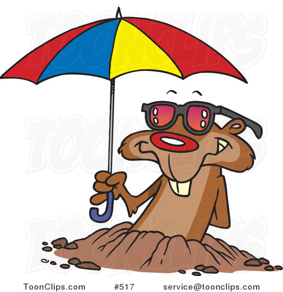 Cartoon Groundhog Emerging with Shades and an Umbrella