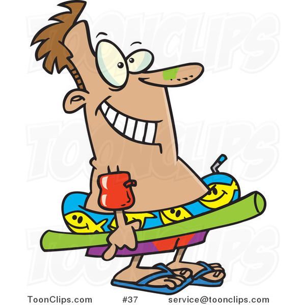 Cartoon Guy with Sunscreen on His Nose, Floaties on His Arm, and Float Toys, Ready to Swim