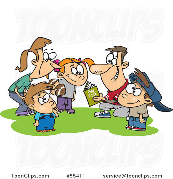Cartoon Huddling Family Going over a Football Play Book