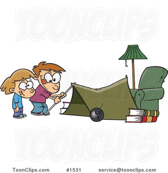 Cartoon Kids Setting up a Camping Tent in a Living Room