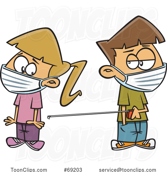 Cartoon Kids Wearing Masks and Keeping Social Distance with a Tape Measure