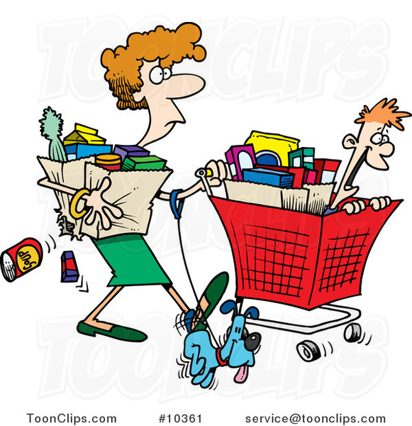Cartoon Lady Shopping with Her Son
