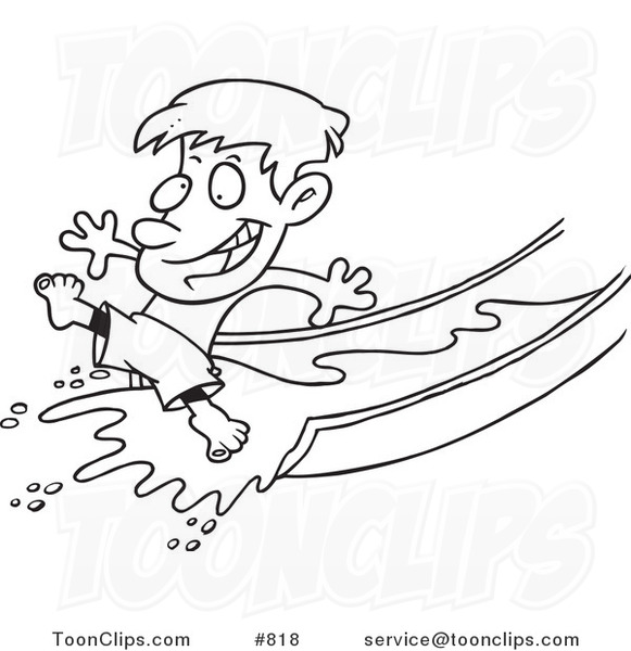 Cartoon Line Art Design of a Happy Boy on a Water Slide