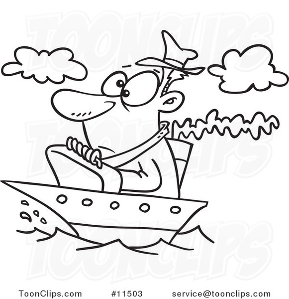Cartoon Line Drawing of a Guy on a Tiny Ship
