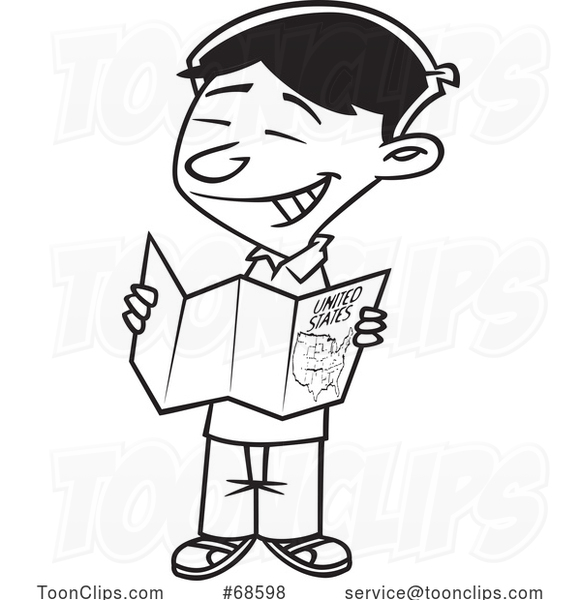 Cartoon Lineart Asian Boy Reading a Map