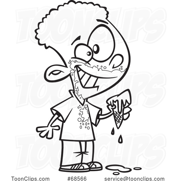 Cartoon Lineart Black Boy Eating a Messy Ice Cream Cone