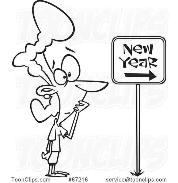 Cartoon Lineart Nervous Lady Looking at a New Year Ahead Sign