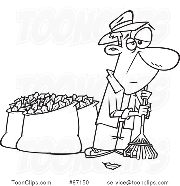 Cartoon Lineart Tired Old Guy After Raking and Bagging Autumn Leaves