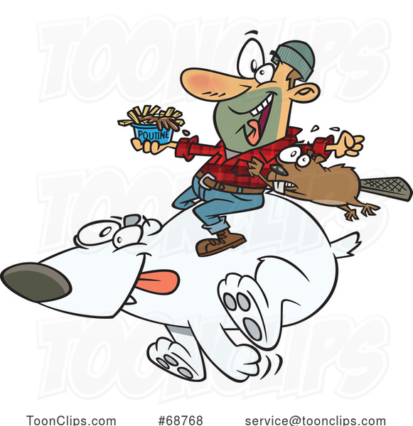 Cartoon Lumberjack Holding French Fries and a Beaver on a Running Polar Bear CanajunEh