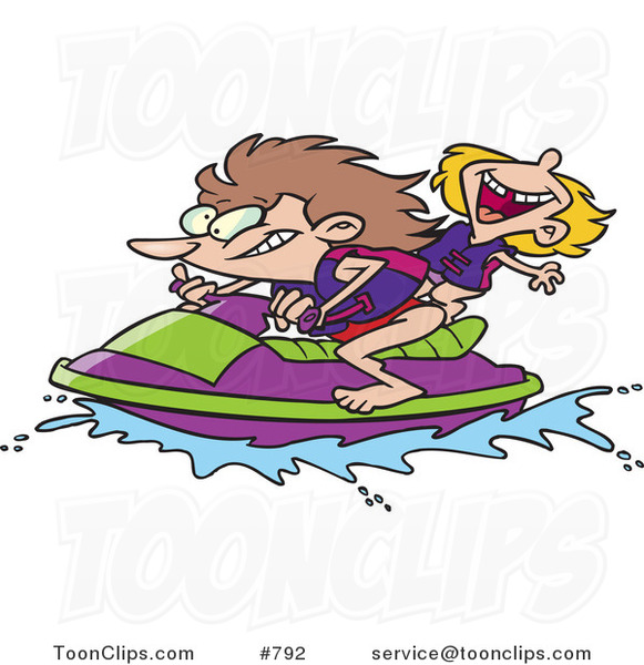 Cartoon Mother and Daughter Riding a Jet Ski