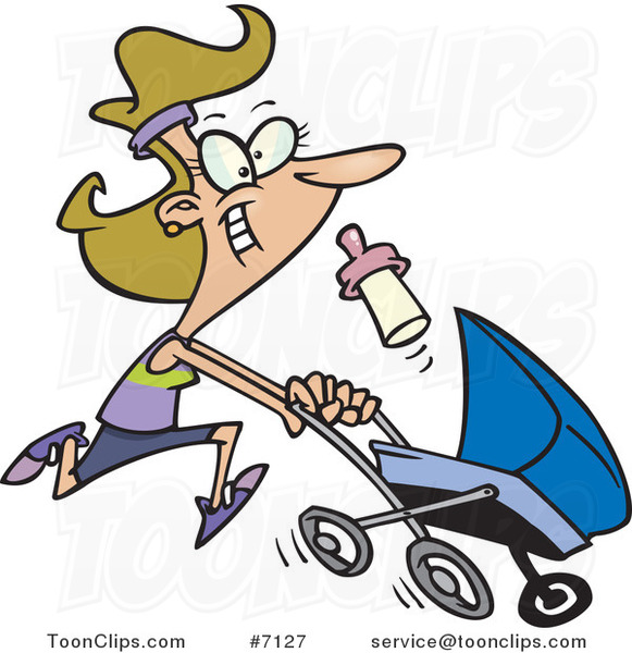 Cartoon Mother Running with a Pram