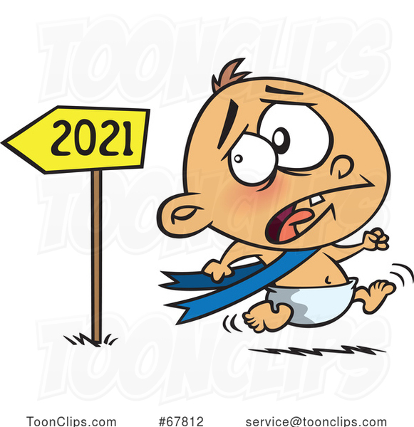 Cartoon New Year Baby Running from 2021 in Fear