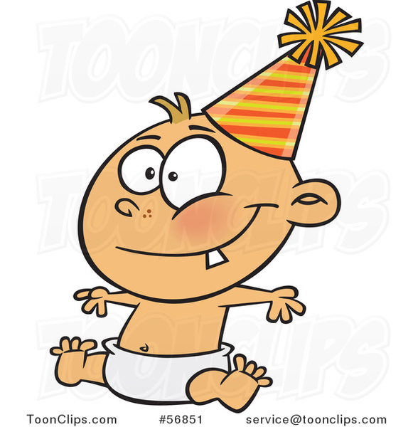 Cartoon New Year White Baby Sitting in a Diaper and Wearing a Party Hat