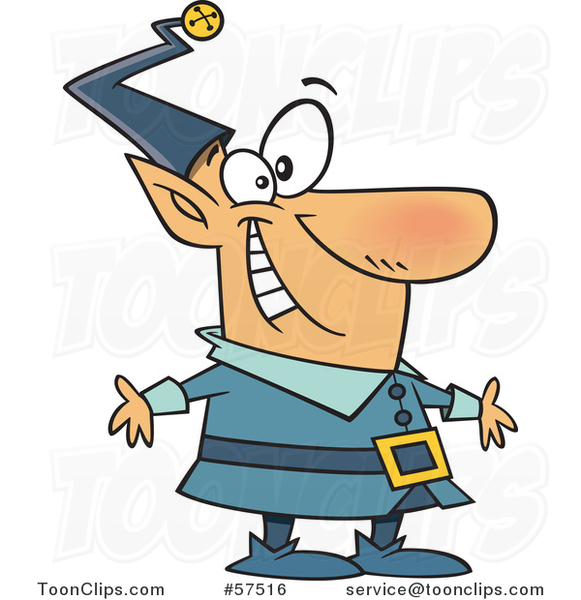 Cartoon of Happy Christmas Elf in a Blue Suit