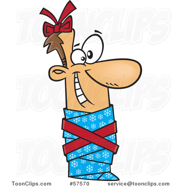 Cartoon of Man Wrapped up As a Christmas Gift