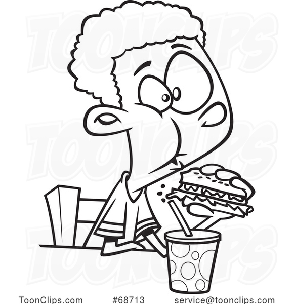 Cartoon Outline Boy Eating a Burger