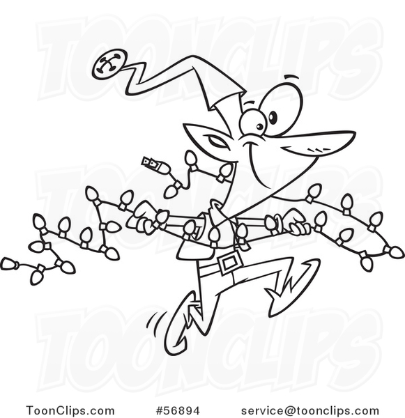 Cartoon Outline Christmas Elf Running with a Strand of Lights