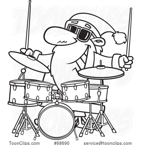 Cartoon Outline Christmas Santa Playing Drums